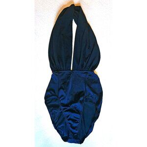 NWOT Vintage 80s Norma Kamali Crepe Halter High Cut Low Back Swimsuit M 6-8 Navy
